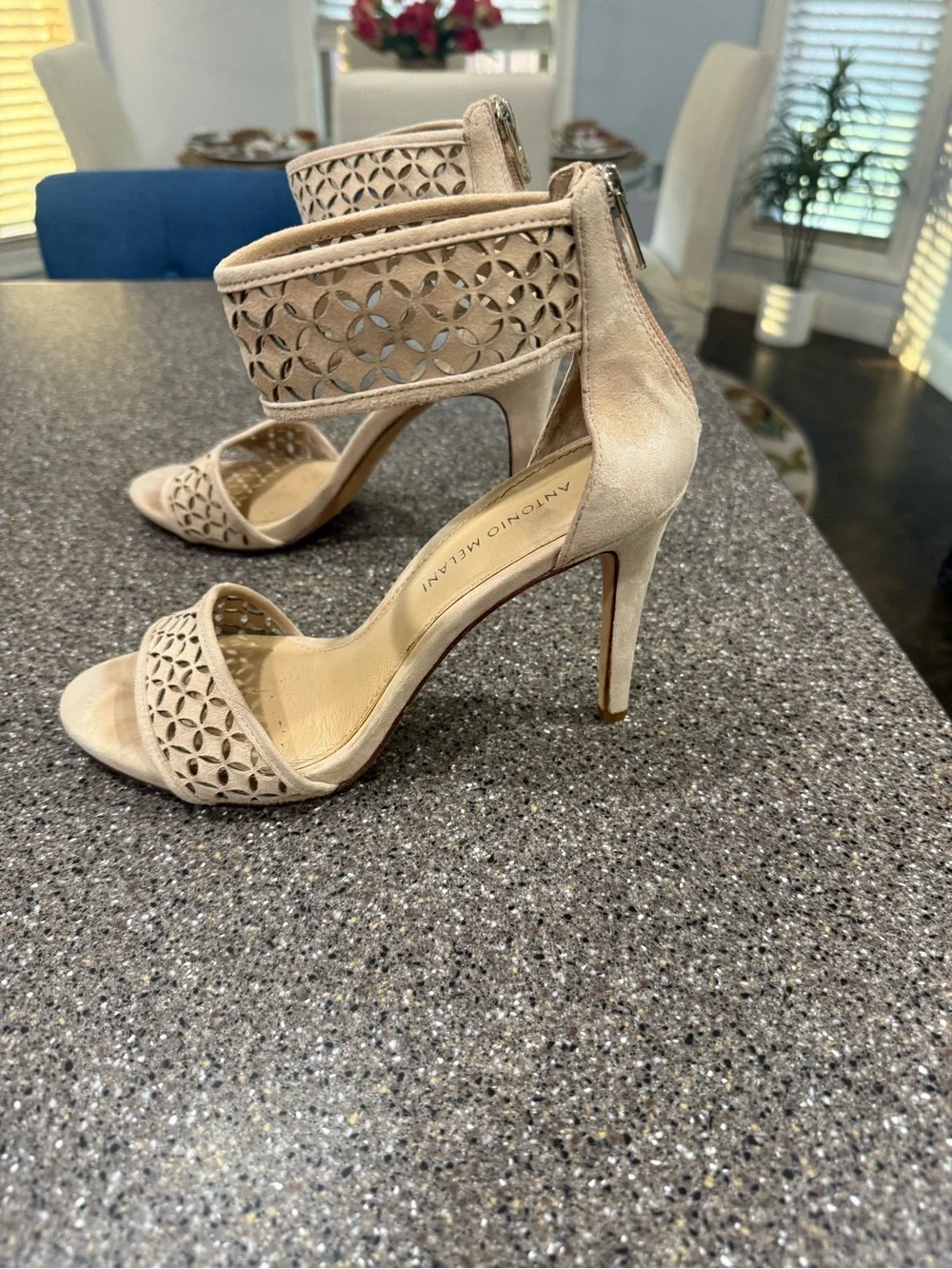 ANTONIO MELANI Nude Laser-Cut Ankle-Strap Stiletto Sandals